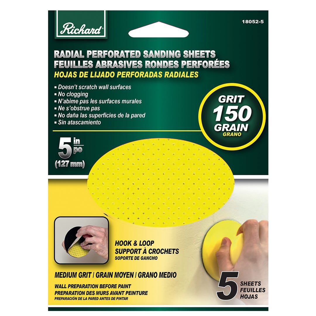 Round sanding sheet, perforated with velcro backing, 5 in. GR 150, 5/Pack