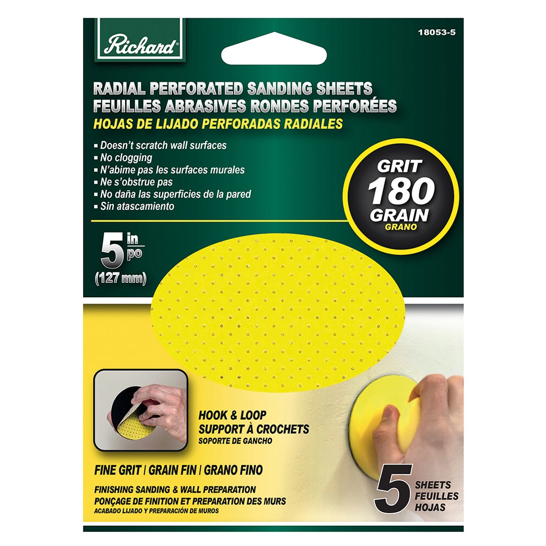Round sanding sheet, perforated with velcro backing, 5 in. GR 180, 5/Pack,