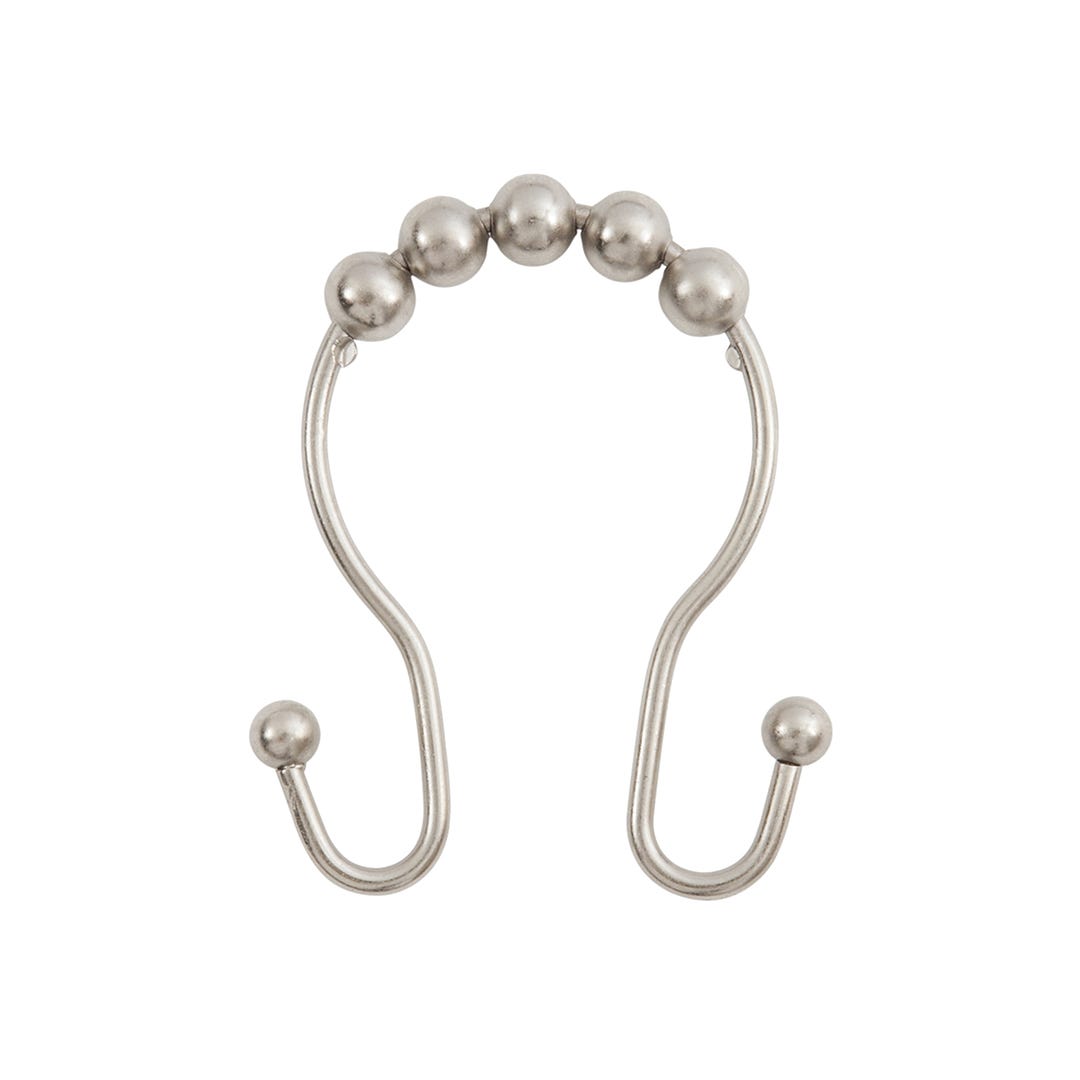 Set of 12 Beaded Roller Shower Curtain Double Hooks, Brushed Nickel