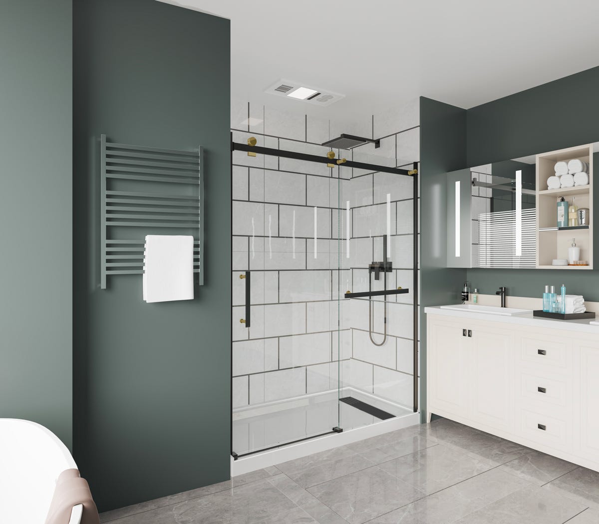 Shower Base & Door Set, Sliding, Reversible, 48-in., Matte Black & Gold