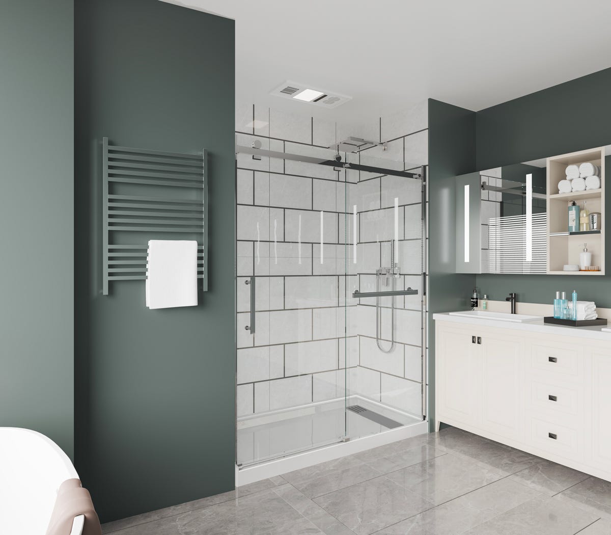 Shower base and door set - slinding - reversible - 48 in. - chrome