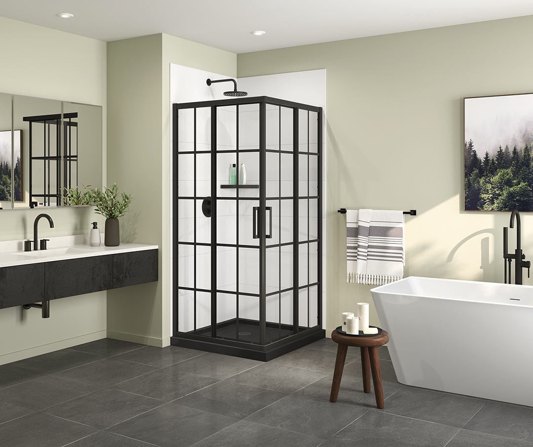 RADIA Shower Door, matte black/french finish, 36 in. x 36 in.