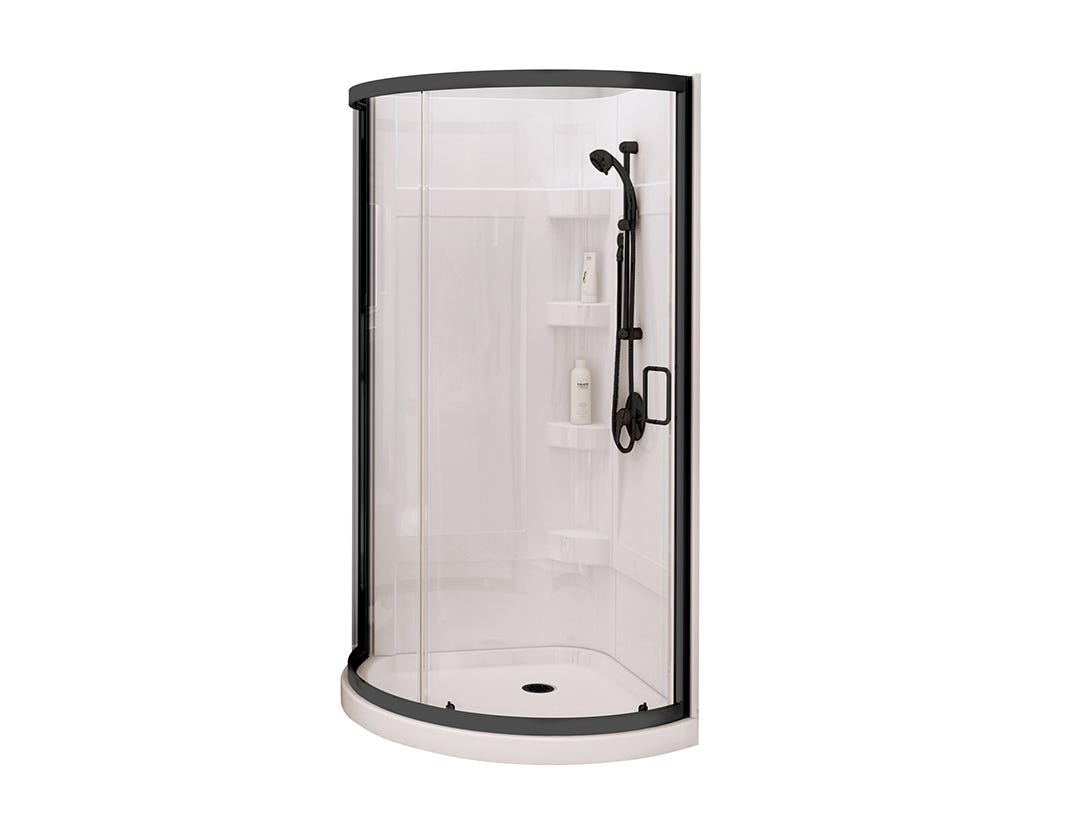 CYRENE Acrylic Shower Kit, central drain, matte black finish, 34 in. x 34 in.
