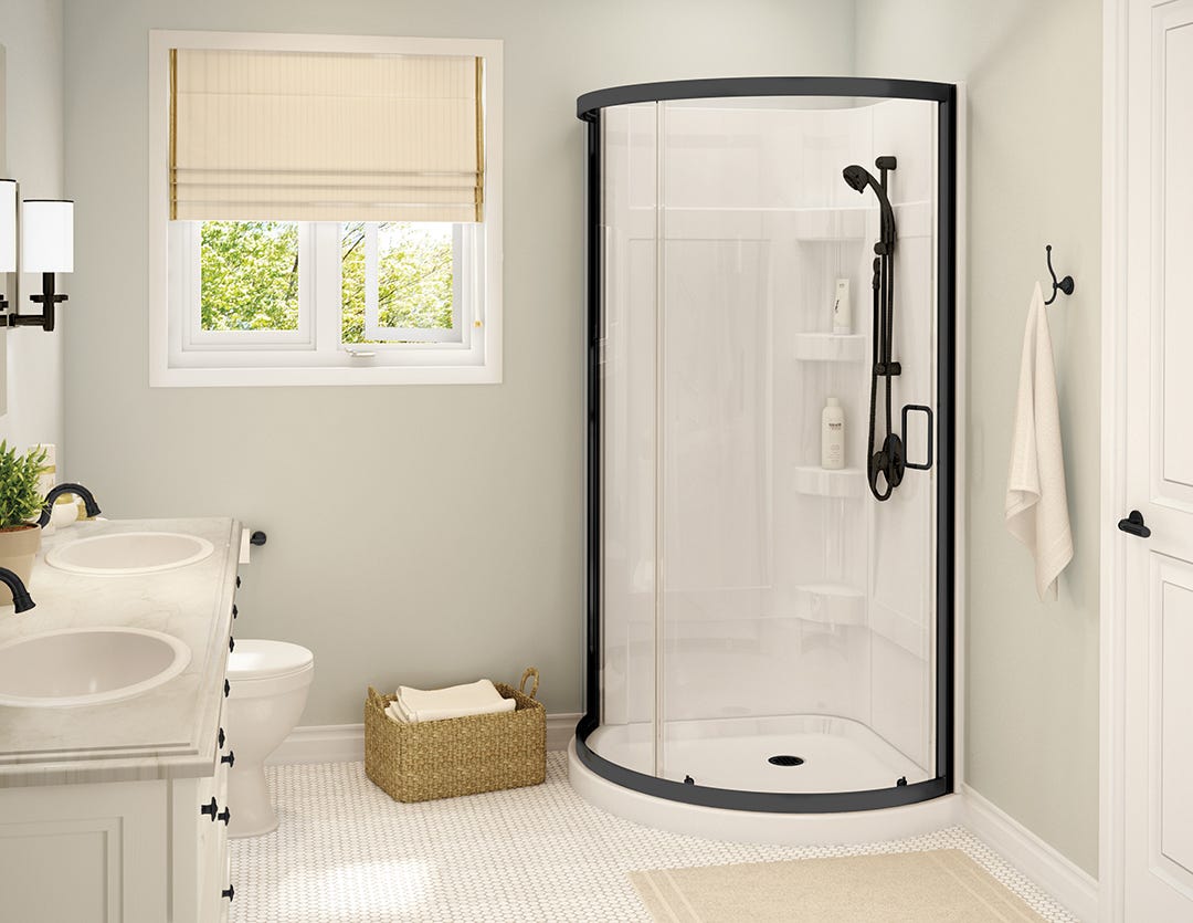 CYRENE Acrylic Shower Kit, central drain, matte black finish, 34 in. x 34 in.