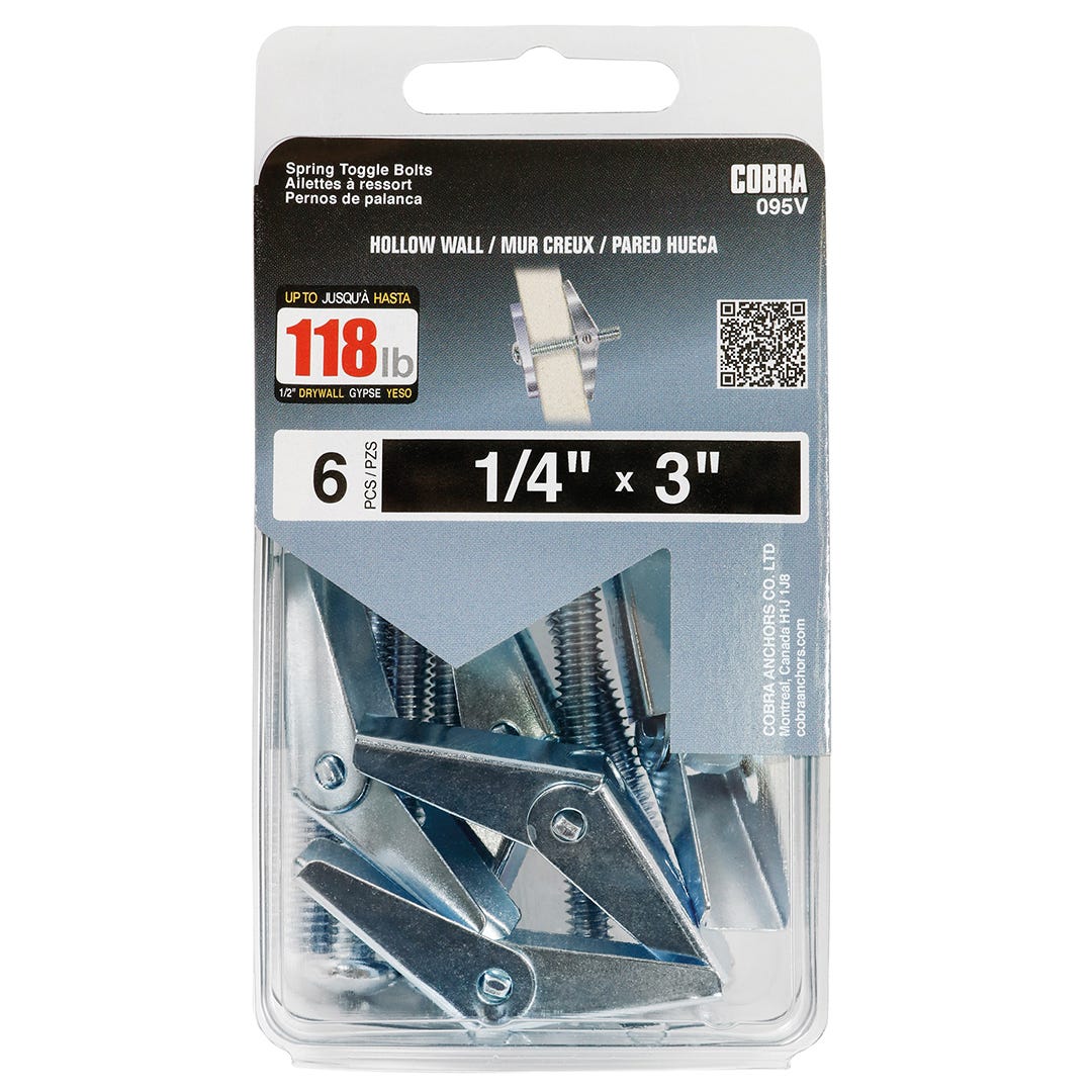 Spring Toggle Bolts for Hollow walls, 1/4 in. + Bolt x 3 in., 6/Pack
