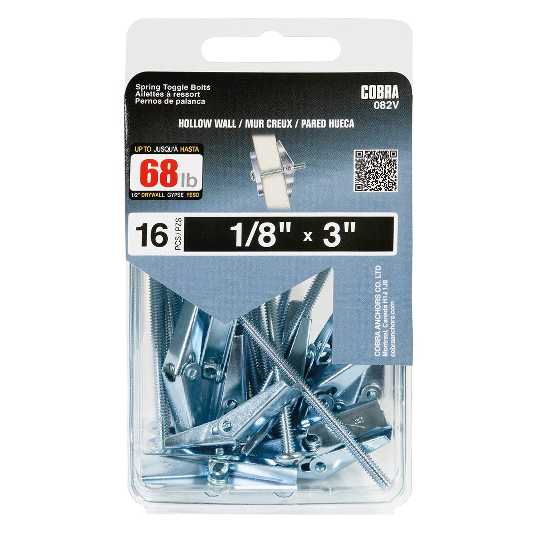 Spring Toggle Bolts for Hollow walls, 1/8 in. + Bolt x 3 in., 16/Pack