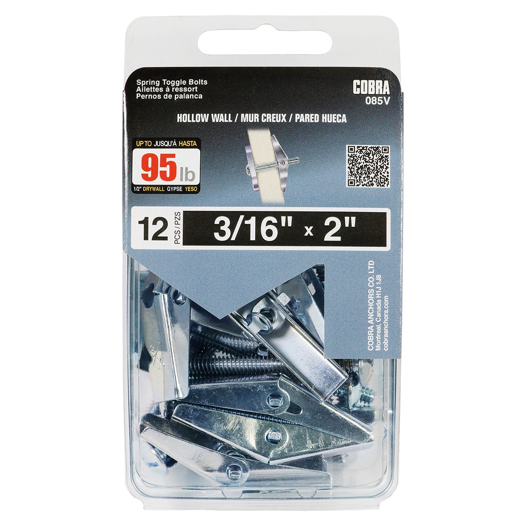 Spring Toggle Bolts for Hollow walls, 3/16 in. + Bolt x 2 in., 12/Pack