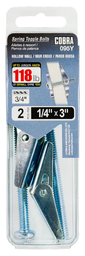 Spring Toggle Bolts for Hollow walls, 1/4 in. + Bolt x 3 in., 3/Pack