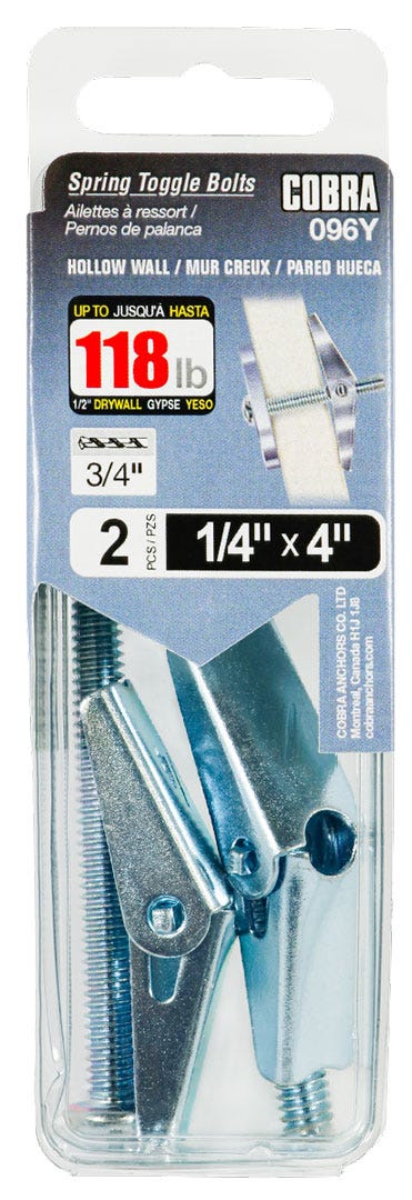 Spring Toggle Bolts for Hollow walls, 1/4 in. + Bolt x 4 in., 2/Pack