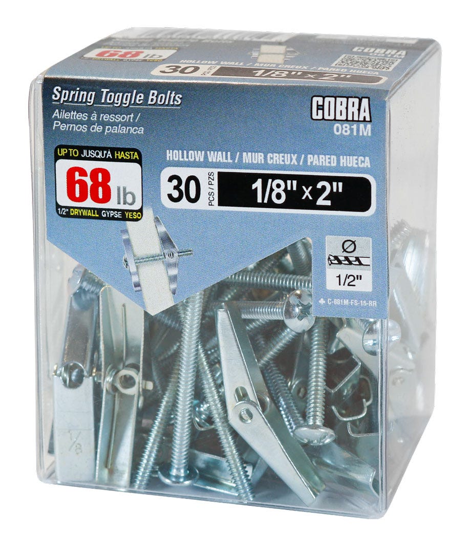 Spring Toggle Bolts for Hollow walls, 1/8 in. + Bolt x 2 in., 30/Pack
