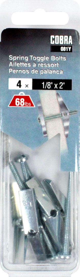 Spring Toggle Bolts for Hollow walls, 1/8 in. + Bolt x 2 in., 4/Pack