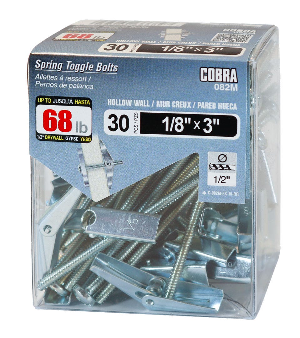 Spring Toggle Bolts for Hollow walls, 1/8 in. + Bolt x 3 in., 30/Pack