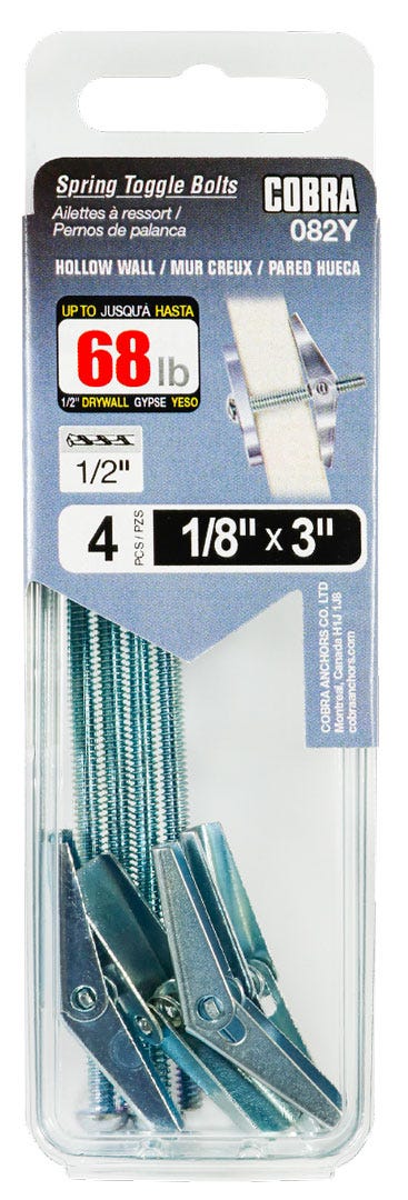 Spring Toggle Bolts for Hollow walls, 1/8 in. + Bolt x 3 in., 4/Pack