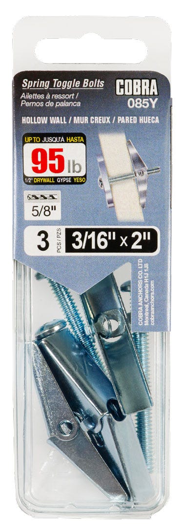 Spring Toggle Bolts for Hollow walls, 3/16 in. + Bolt x 2 in., 3/Pack