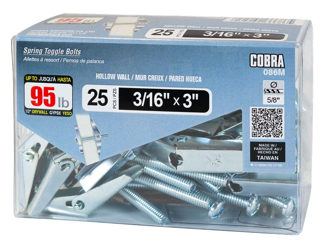 Spring Toggle Bolts for Hollow walls, 3/16 in. + Bolt x 3 in., 25/Pack