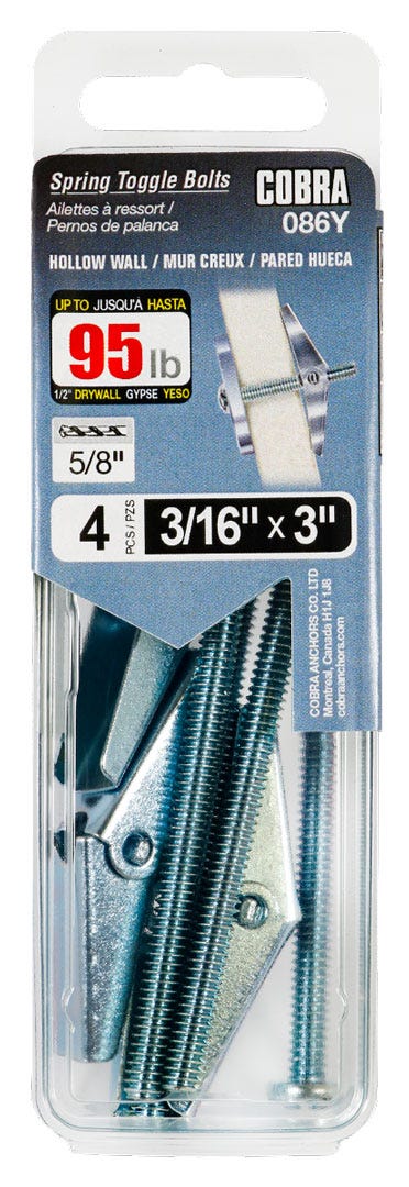 Spring Toggle Bolts for Hollow walls, 3/16 in. + Bolt x 3 in., 4/Pack