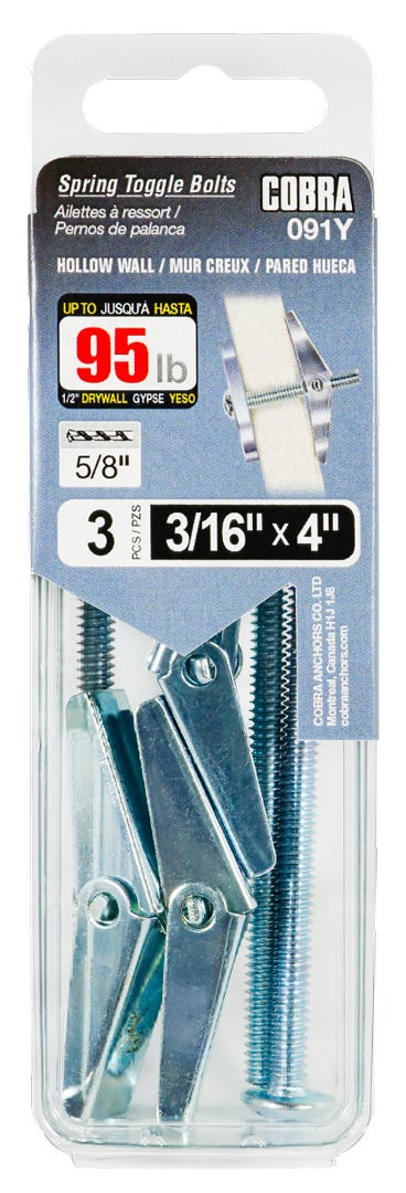 Spring Toggle Bolts for Hollow walls, 3/16 in. + Bolt x 4 in., 3/Pack