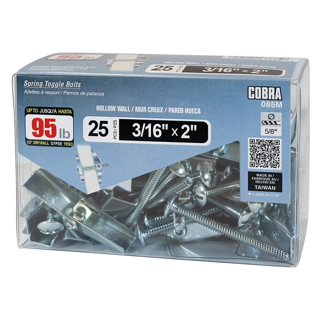 Spring Toggle Bolts, 3/16 in. + Bolts 2 in., 25/Pack