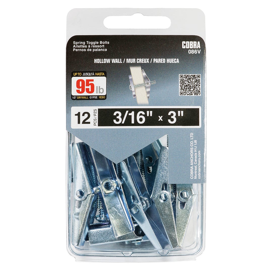 Spring Toggle Bolts for Hollow walls, 3/16 in. + Bolt x 3 in., 12/Pack
