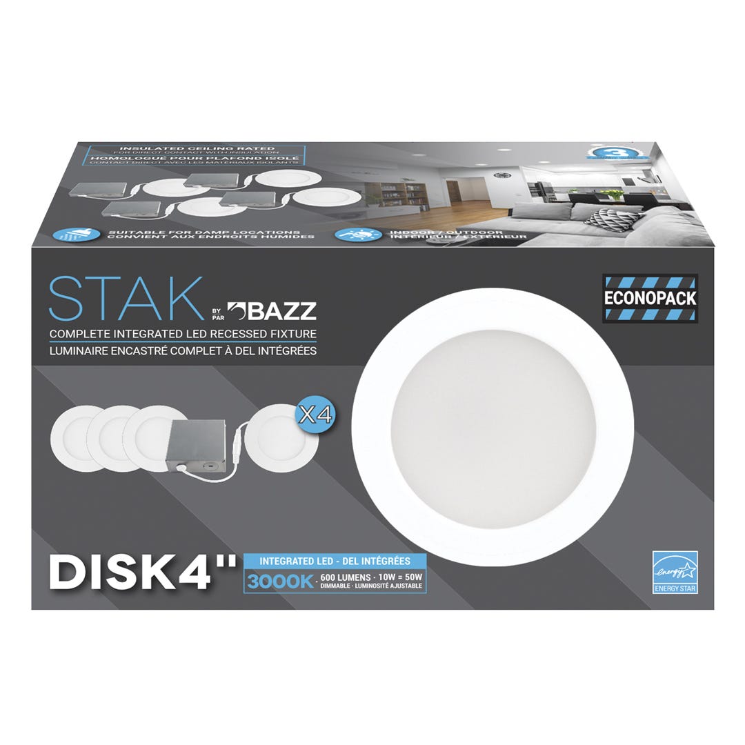 Ultra-Thin Complete Led Recessed Fixture, Stak, 4/Pack, 10W, 3000K -Matte White