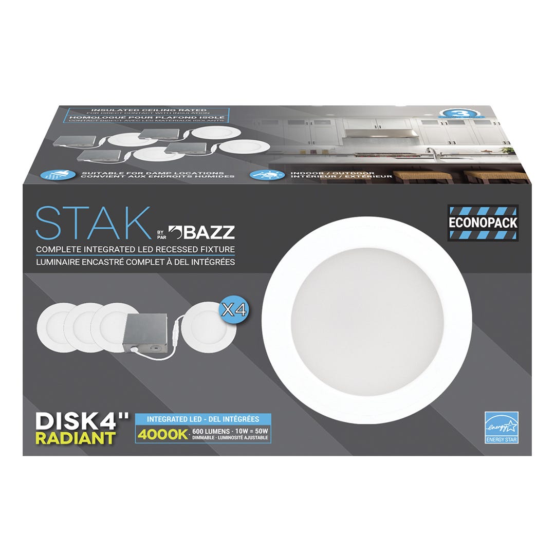 Ultra-Thin Comlete Led Recessed Fixture, Stak, 4/Pack, 10W, 4000K, Matte White
