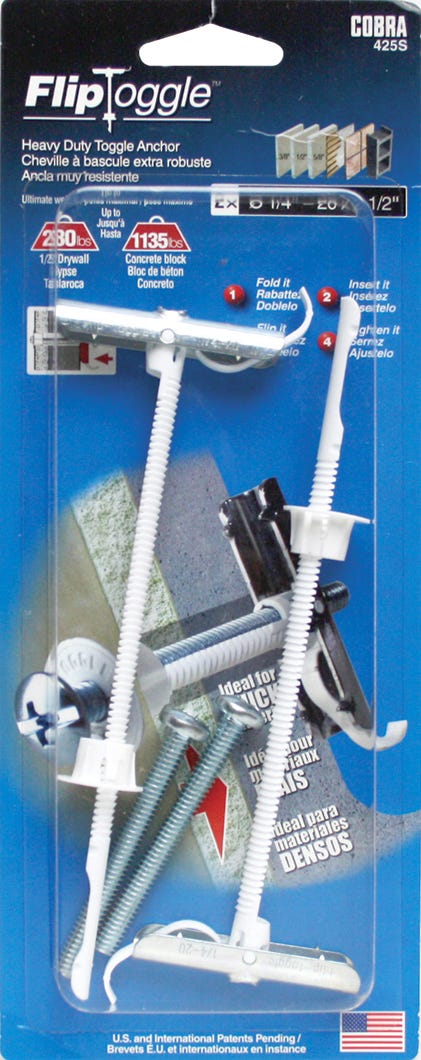 FLIP TOGGLE Toggle Anchor, 1/4 in. + Bolt x 2-1/2 in., 2/Pack