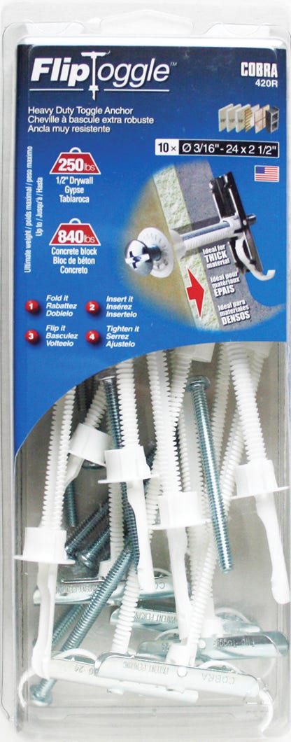 FLIP TOGGLE Toggle Anchor, 3/16 in. + Bolt x 2-1/2 in., 10/Pack