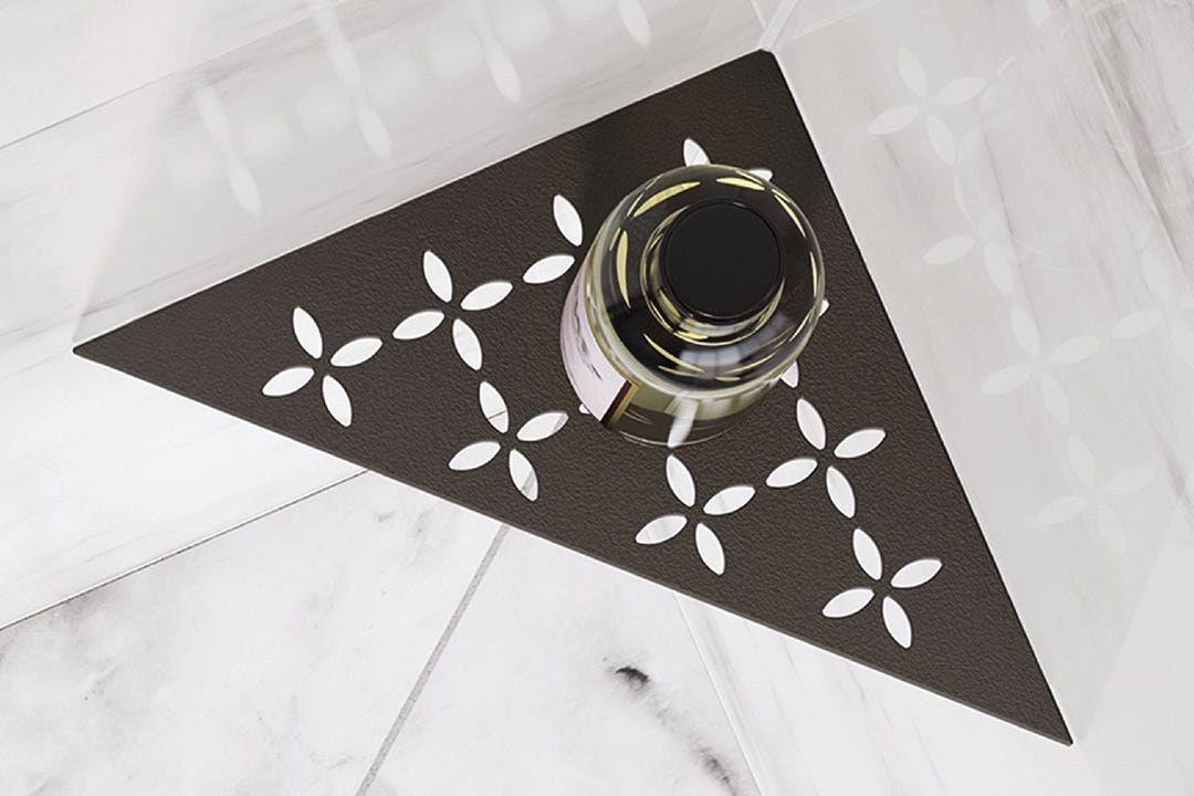 SHELF-E Corner Shelf Designed for Tiled Walls, Floral, Matte Black Mgs