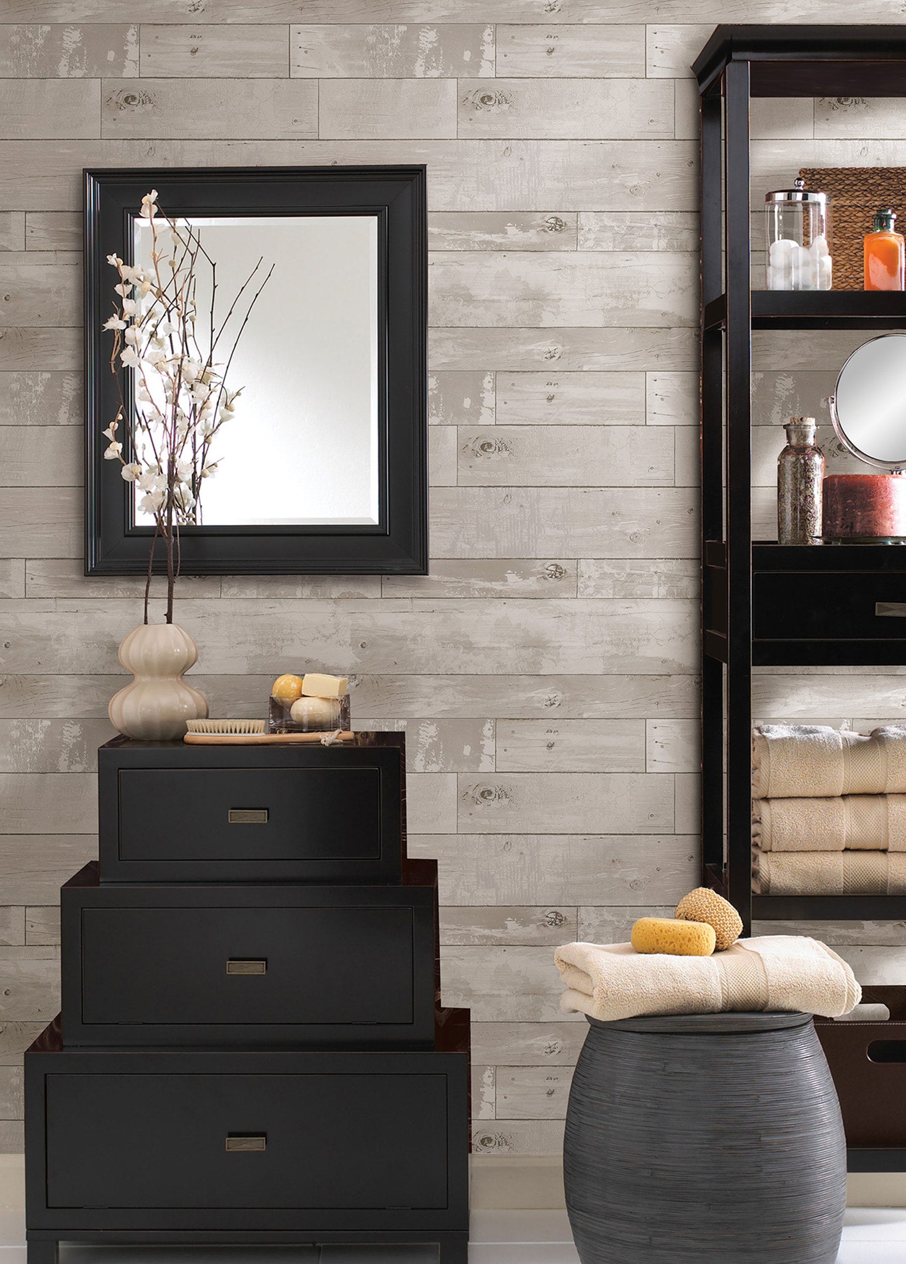Wallpaper, Unpasted, Distressed Wood Panel, Grey