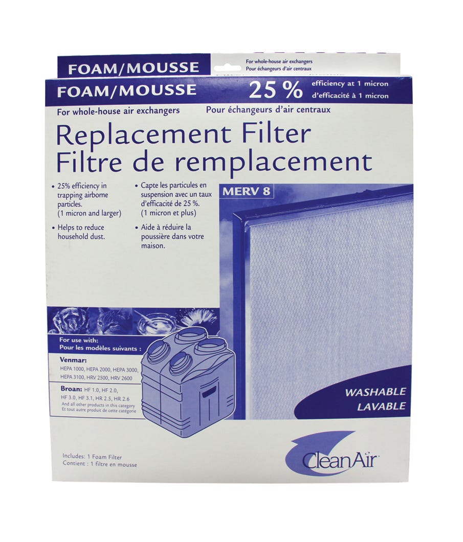 Washable foam replacement filter kit for air exchanger