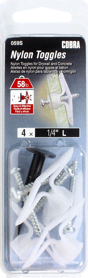 Nylon Toggles for Paneling and Concrete, 1/4 in. L, + Screw x 1-1/4 in., 4/Pack