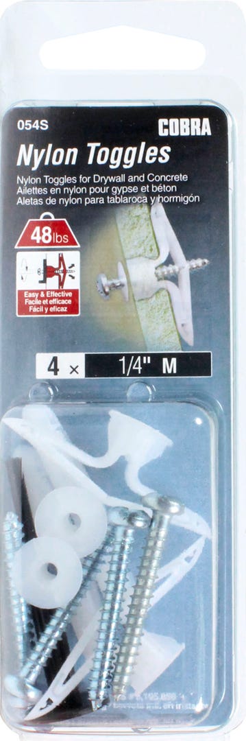 Nylon Toggles for Paneling and Concrete, 1/4 in. M, + Screw x 1-1/4 in. And Drille Bit, 4/Pack