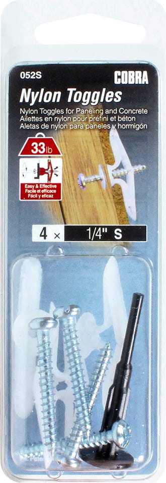Nylon Toggles for Paneling and Concrete, 1/4 in. S, + Screw x 1-1/4 in. And Drille Bit, 4/Pack
